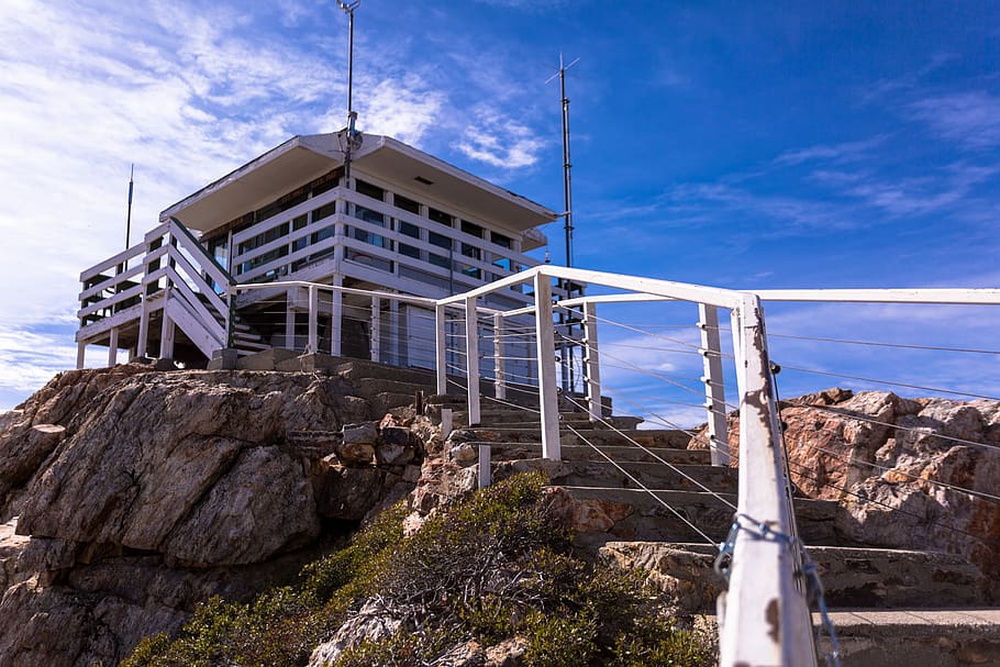 rocks, sky, clouds, building, lookout, stairs, architecture HD wallpaper