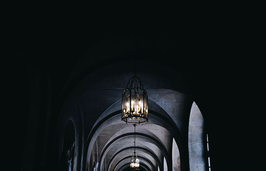 lighted pendant lamp, corridor, indoors, crypt, aisle, dungeon, HD wallpaper