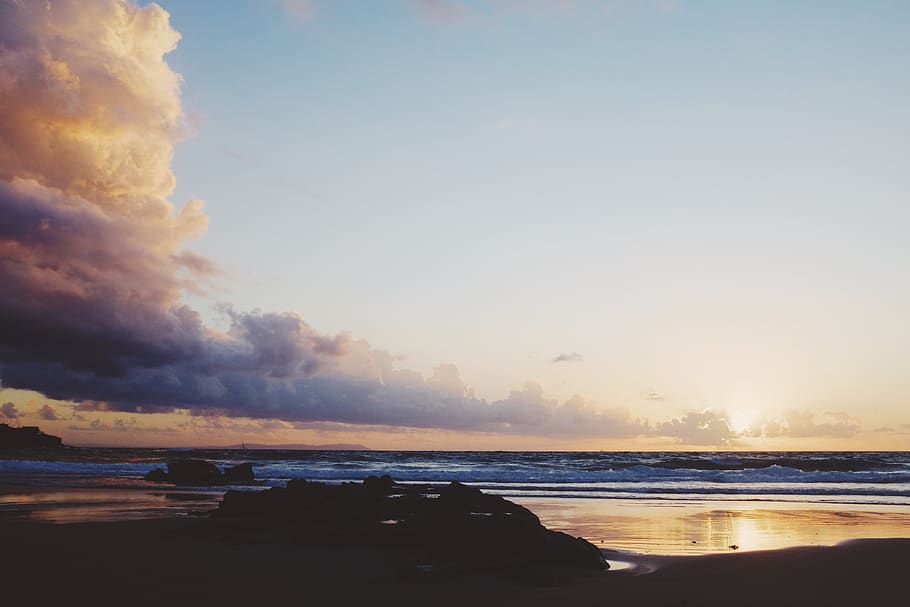 spain, tarifa, sea, waves, clouds, sunset, rocks, sand, water HD wallpaper