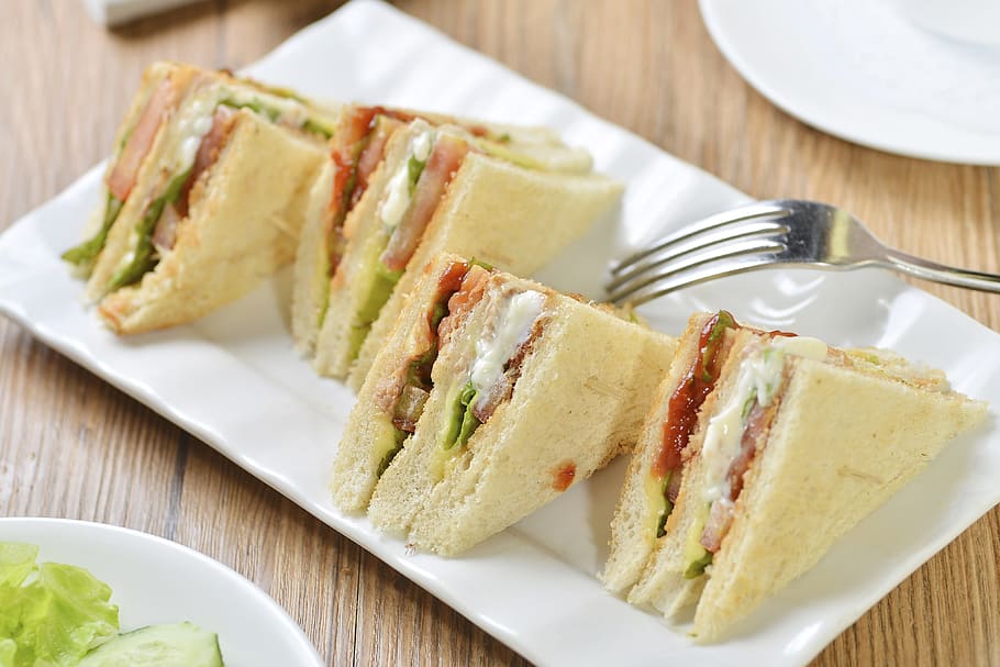 Sandwiches on Plate, food and Drink, bread, healthy eating, fork, HD wallpaper