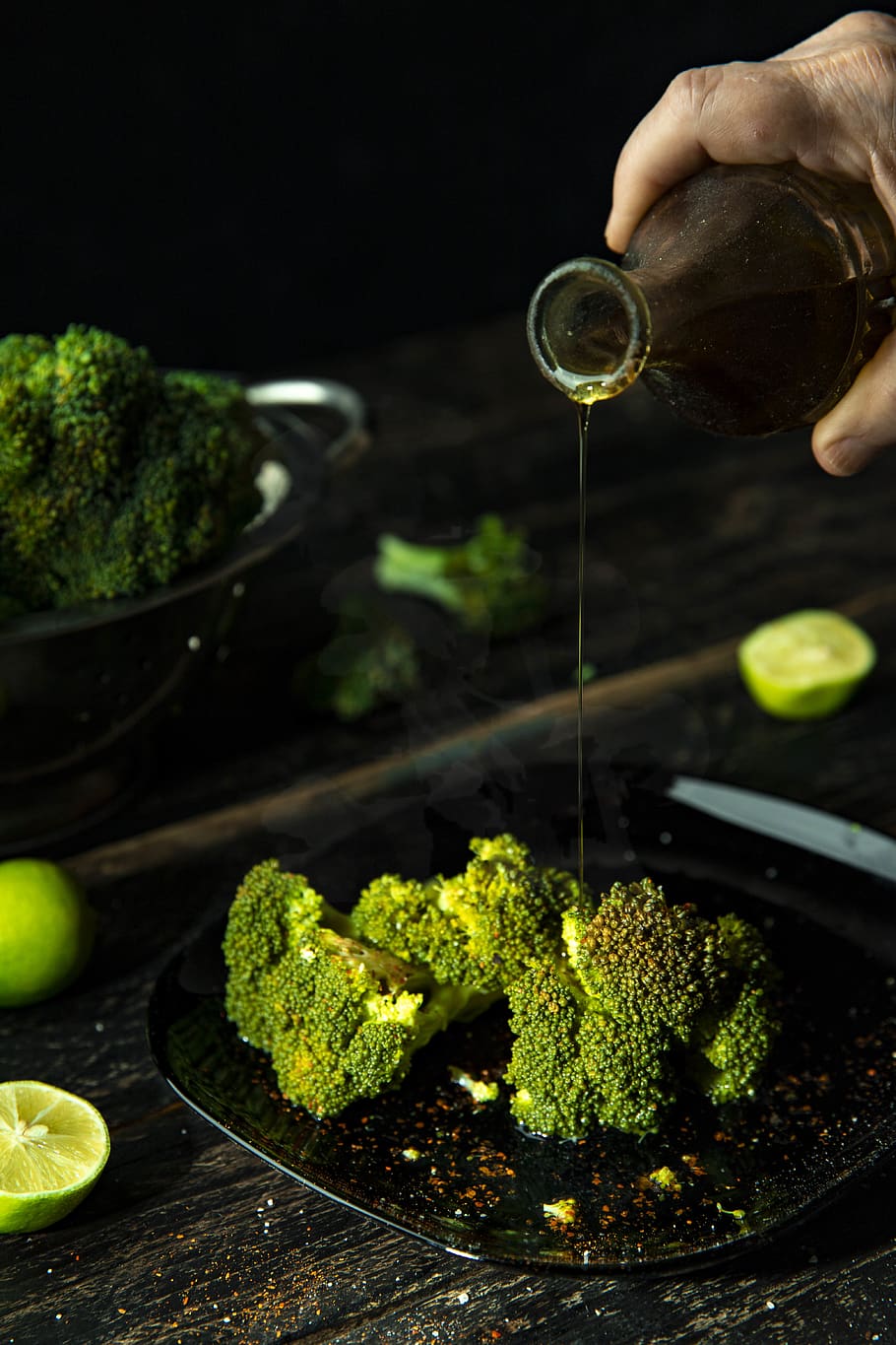 person pouring cola on broccoli, food, plant, vegetable, human