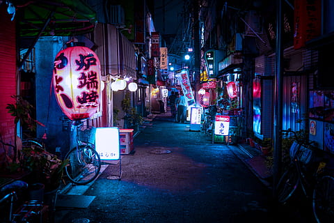 HD wallpaper: lighted lantern at night, street, building, alley, road ...