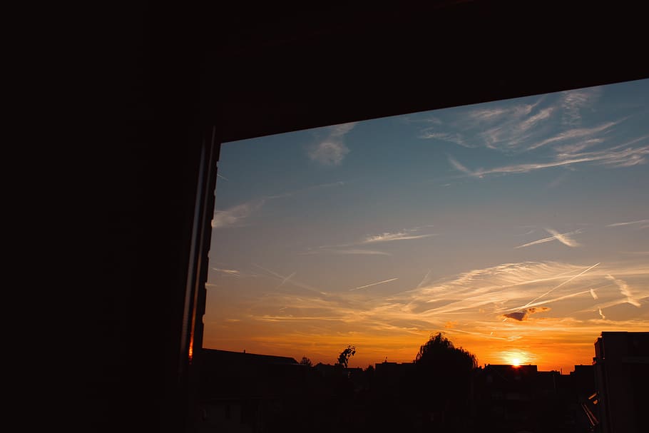 sunset, summer, window, trees, shadows, buildings, sky, clouds HD wallpaper