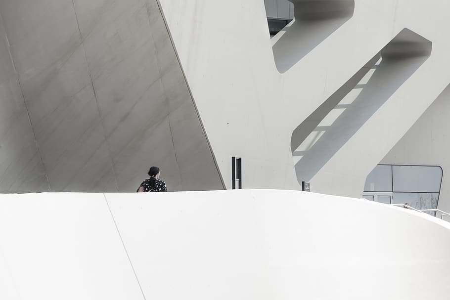 white concrete building, human, person, handrail, banister, outdoors HD wallpaper