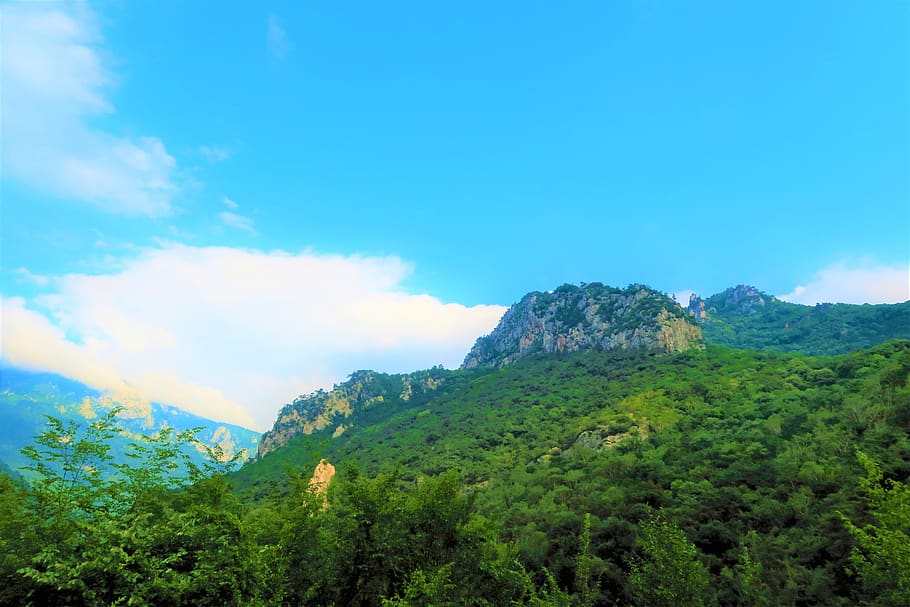 landscape, mountain, mountains, forest, green, nature, sky HD wallpaper