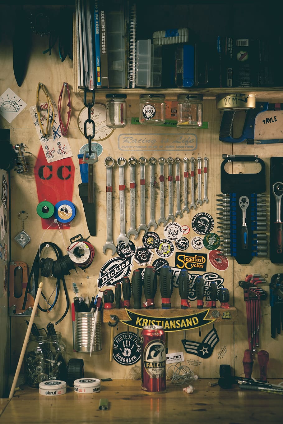 assorted tool lot, symbol, trademark, logo, shelf, hammer, screw HD wallpaper