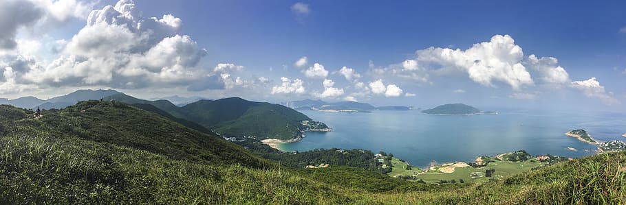 hong kong, hills, bay, golf, golf course, islands, panorama, HD wallpaper