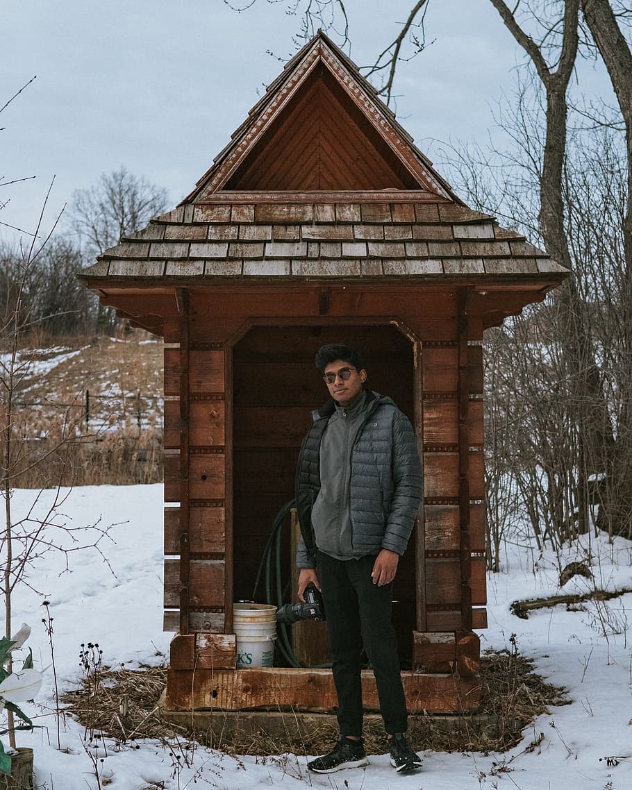 shed, trees, lake, forest, portrait, winter, snow, lit, cold temperature HD wallpaper