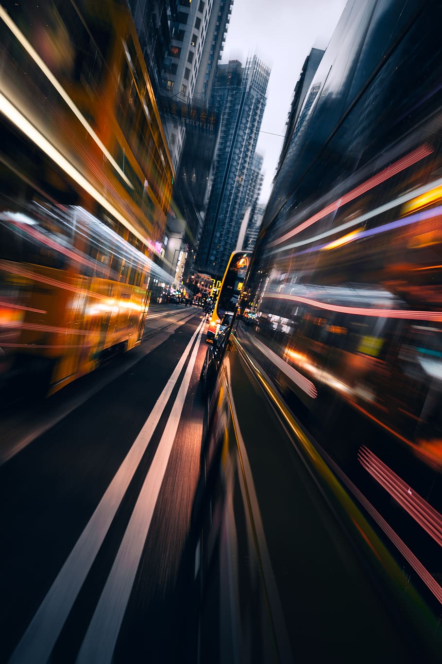 Vehicles On Road, blurred, blurry, buses, city, downtown, hong kong HD wallpaper