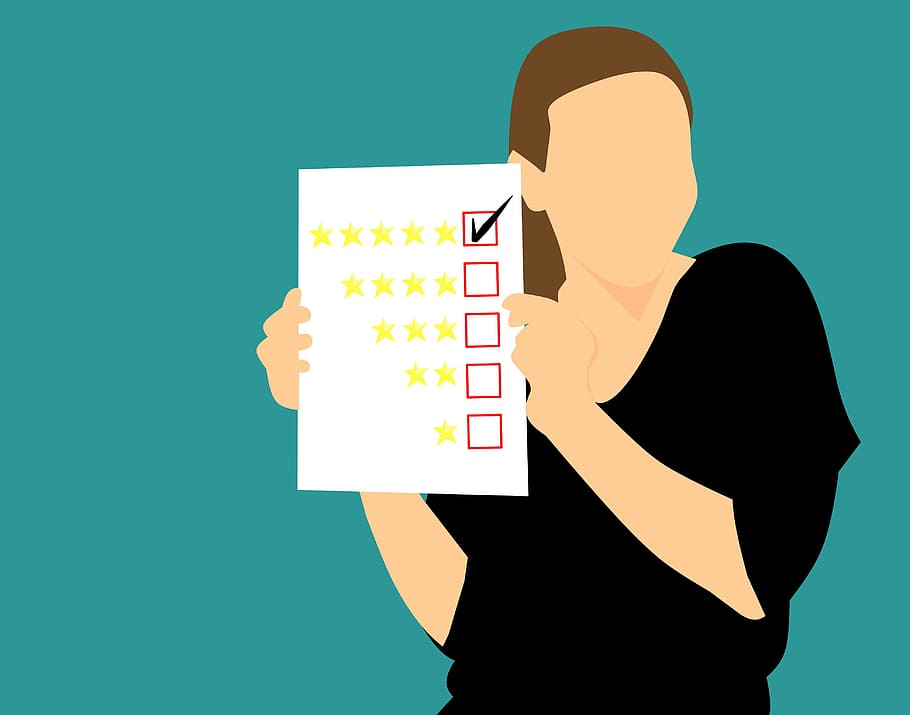 Illustration of woman holding page of a feedback survey, review