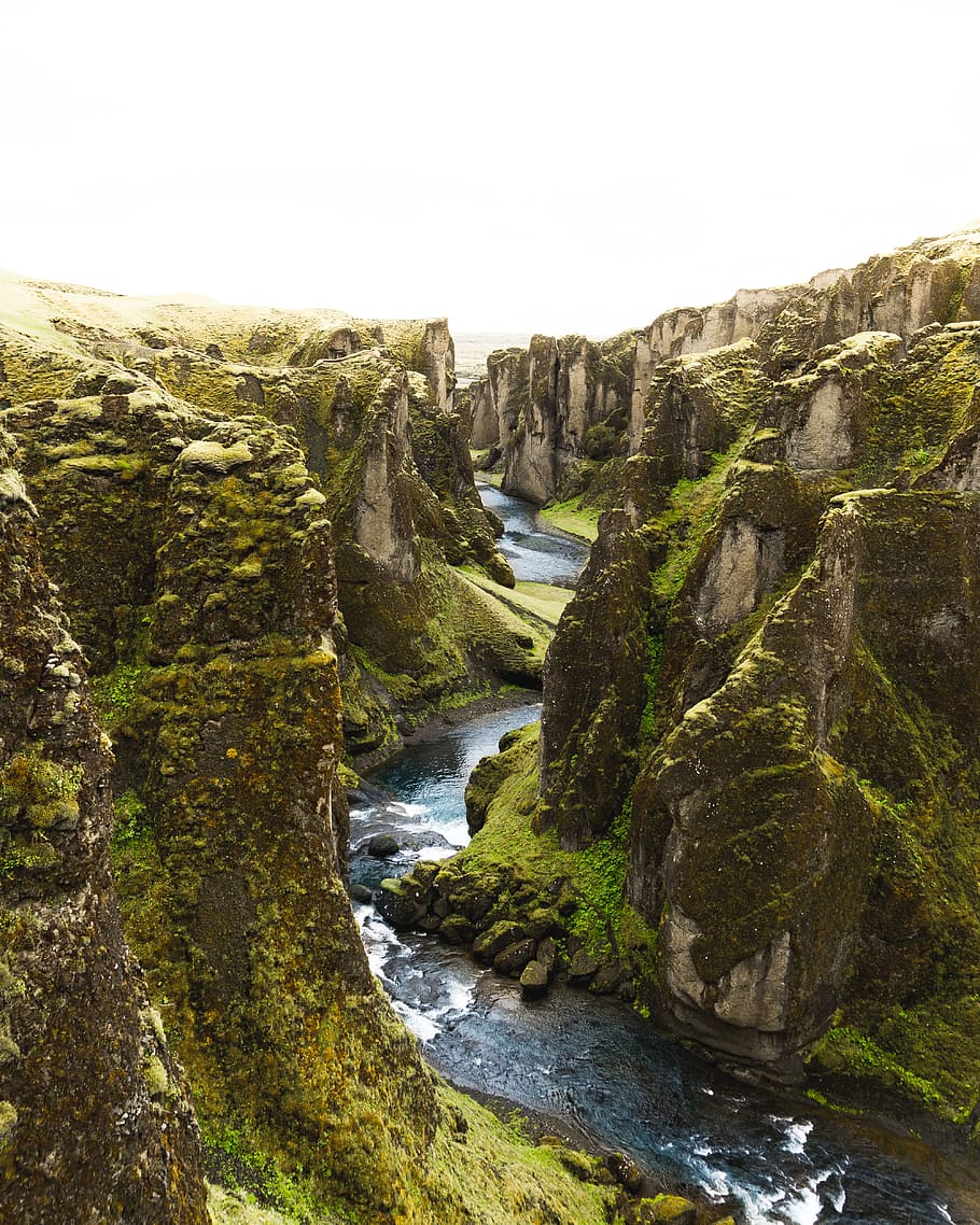 aerial photography of river between mountain, water, stream, cliff HD wallpaper