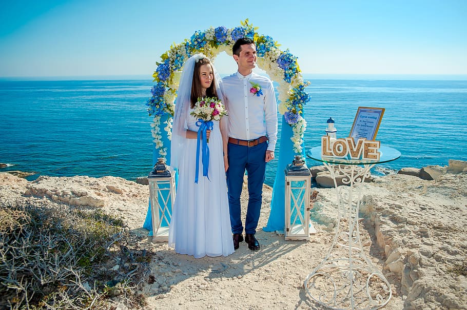 sea, wedding, water, two people, women, event, bride, nature HD wallpaper