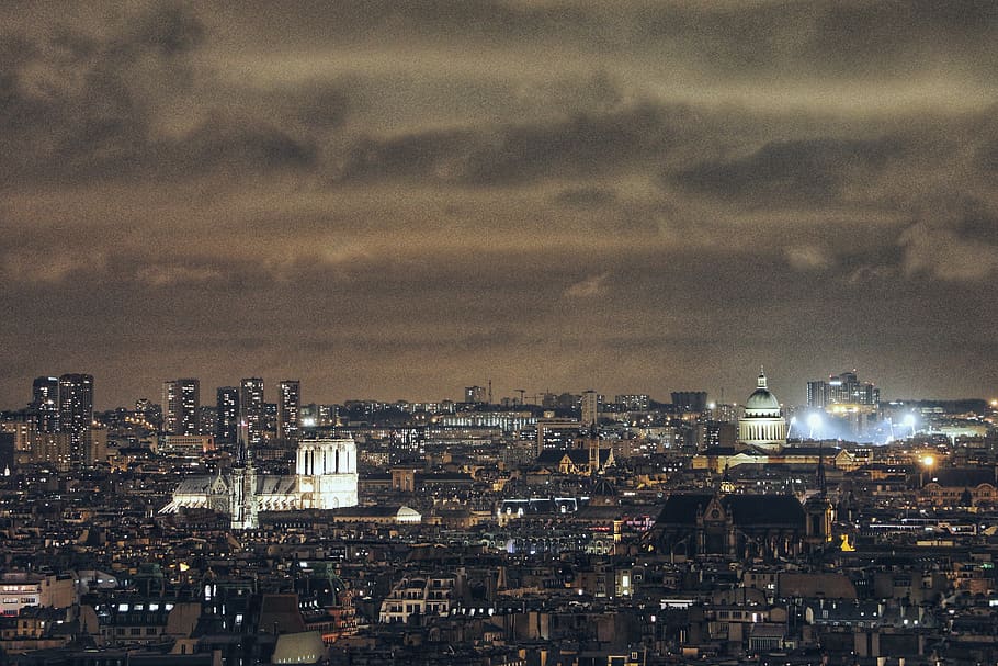france, paris, rainy, city, notre dame, clouds, night, building exterior HD wallpaper