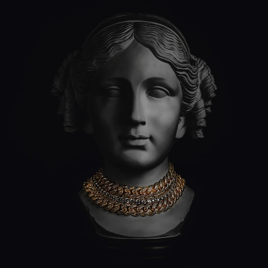 White Head Bust, art, black background, close-up, diamond necklace