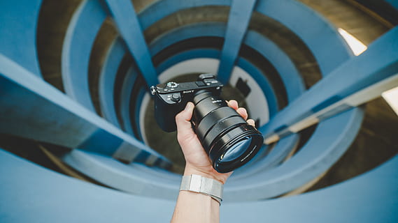 black DSLR camera, compact, kit, all around, len, grab, pov, hand HD wallpaper