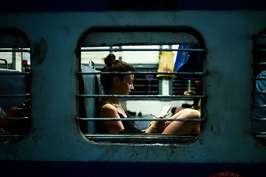 woman on bus, urban, dark, train, passenger, writing, write, study HD wallpaper