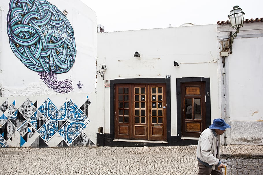 blue wall graffiti, human, person, people, headband, hat, clothing HD wallpaper