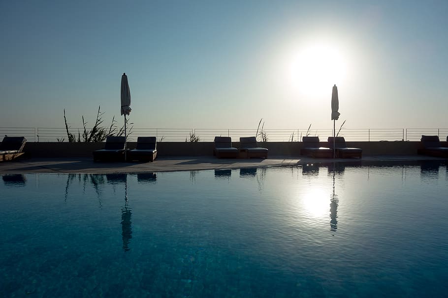 greece, thera, backlight, pool, nobody, santorini, summer, fira HD wallpaper