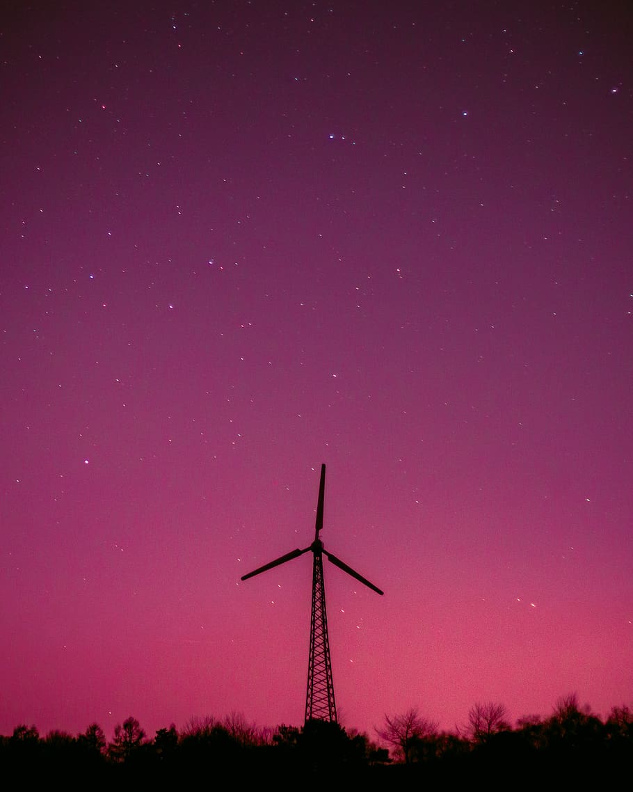Windmill Under Starry Sky, alternative energy, backlit, wallpaper