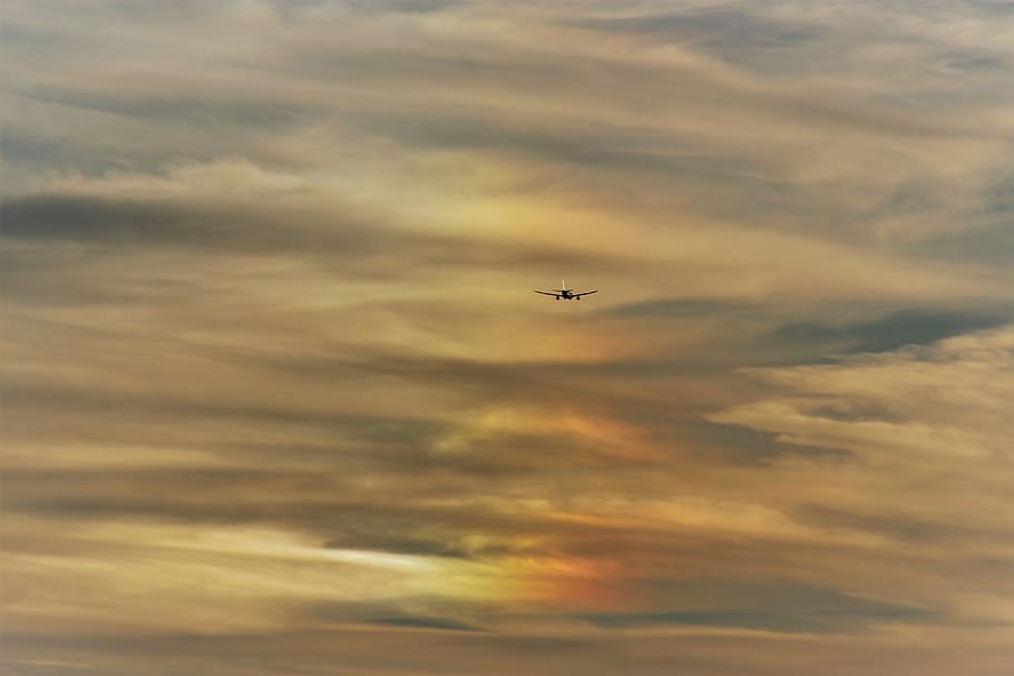 aircraft, sky, clouds, sun, light, sunlight, travel, dusk, horizon HD wallpaper