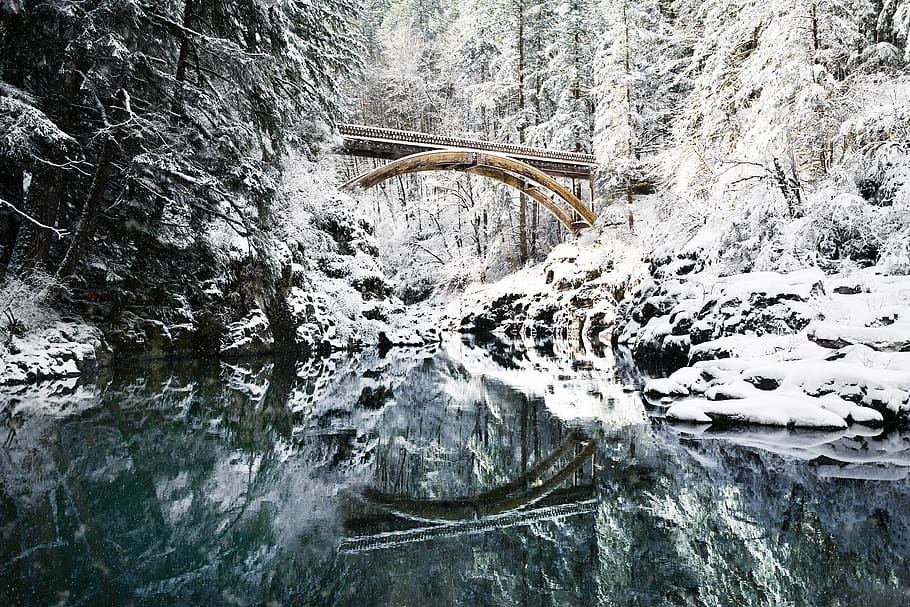 bridge under snowy mountain, beauty in nature, water, scenics - nature HD wallpaper