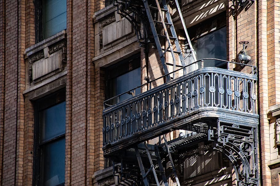 Black Steel Fire Exit Lot, architecture, balcony, building, daylight HD wallpaper