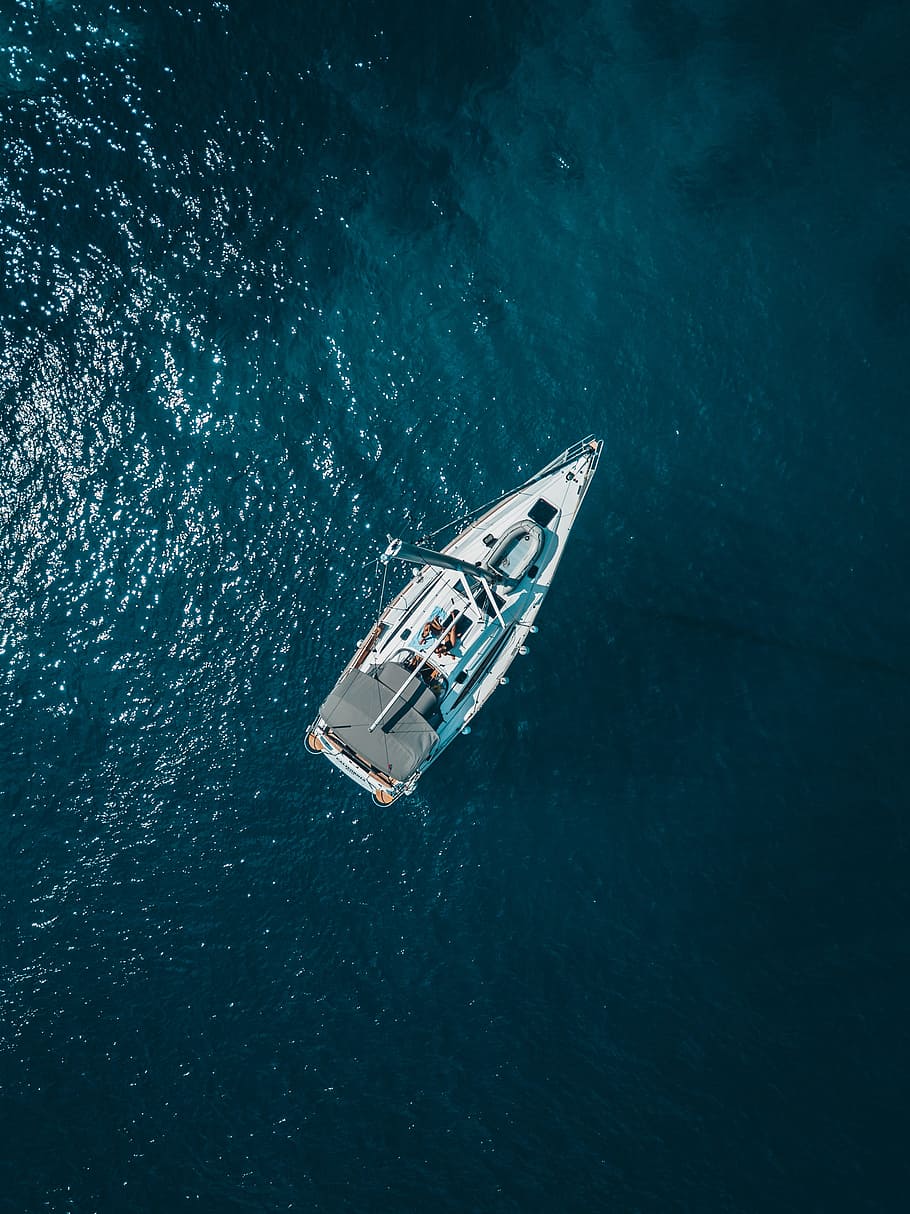 aerial view of white boat sailing, yacht, water, sea, ship, sailboat