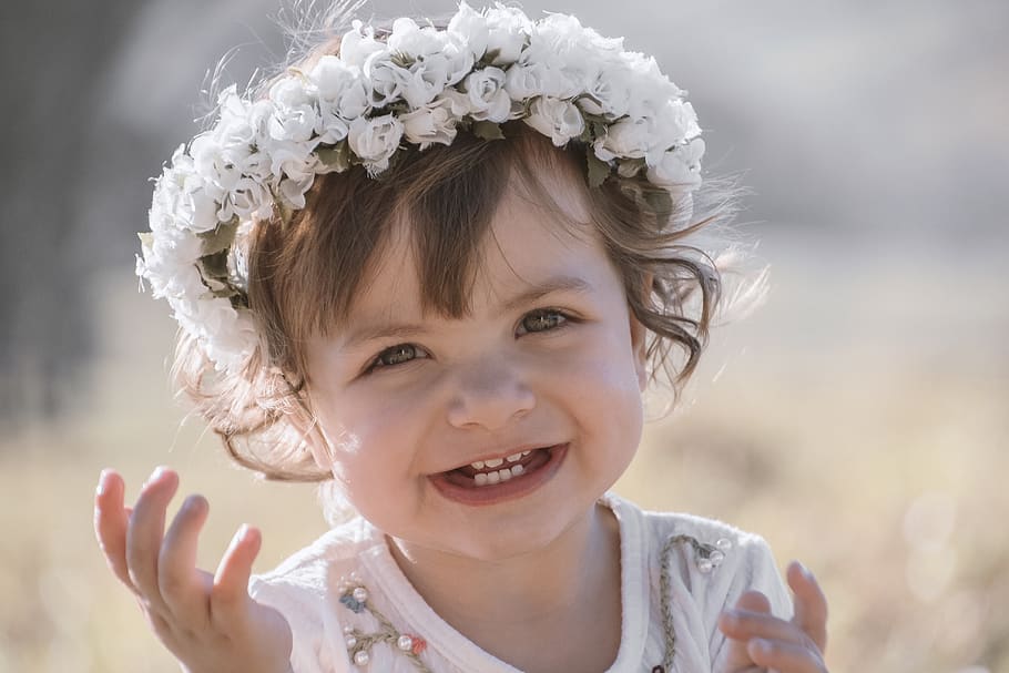 Girl Smiling Wearing White Flower Headband, adorable, baby, beautiful