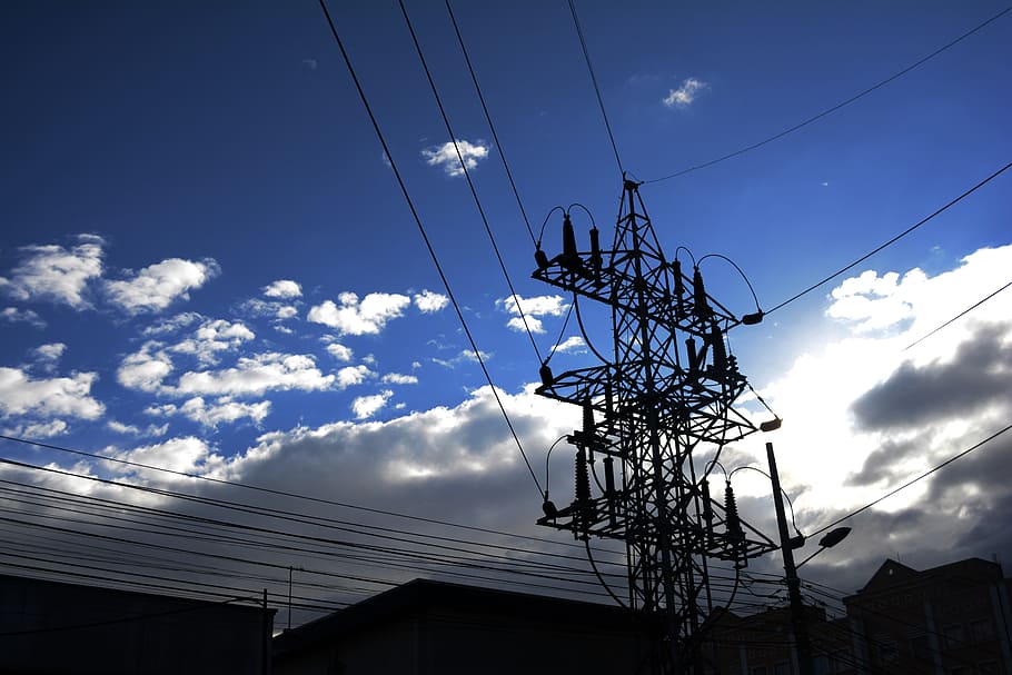 light, cloud, sky, sunlight, line, tower, mast, blue, electricity HD wallpaper