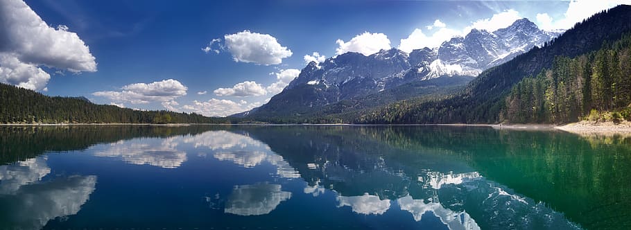 alpine, lake, bergsee, clouds, mountain landscape, eibsee, mirroring HD wallpaper