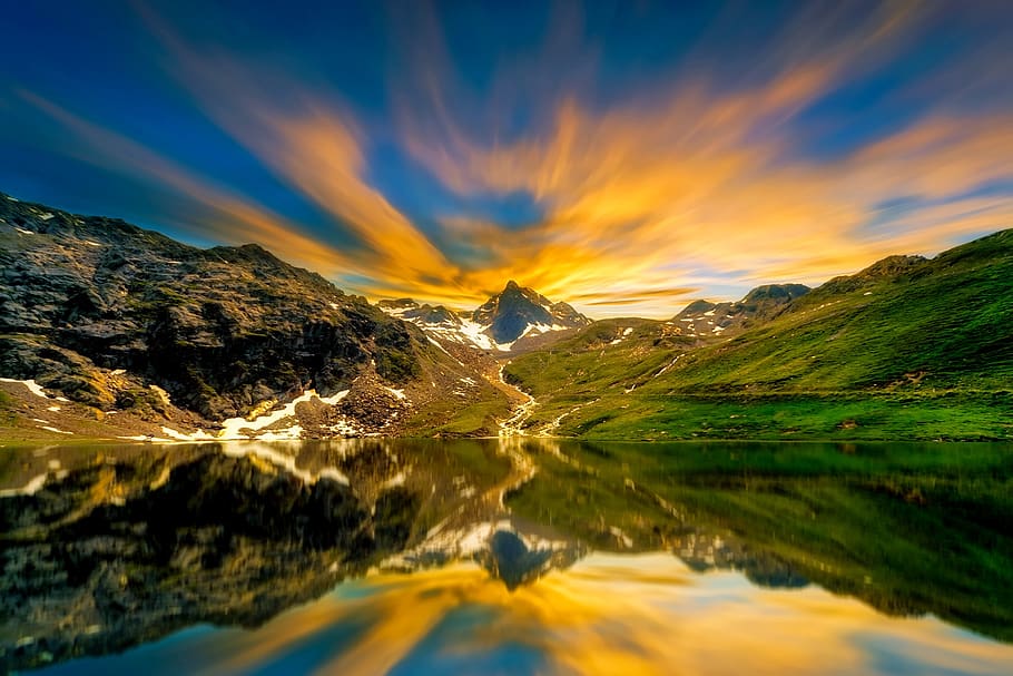 Body of Water and Mountain, clouds, idyllic, majestic, nature HD wallpaper
