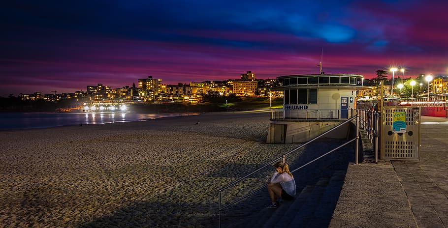 bondi beach, australia, clouds, hdr, red, sunset, night, building exterior HD wallpaper