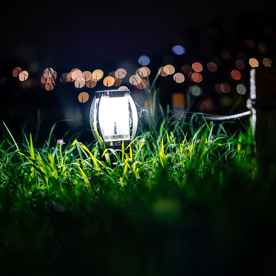 light, grass, night, bokeh, green, illuminated, lighting equipment HD wallpaper