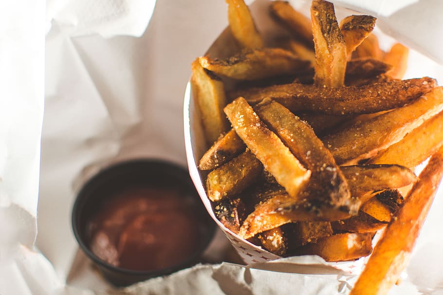 fries, potato, fried, salt, sauce, delicious, food, food and drink HD wallpaper