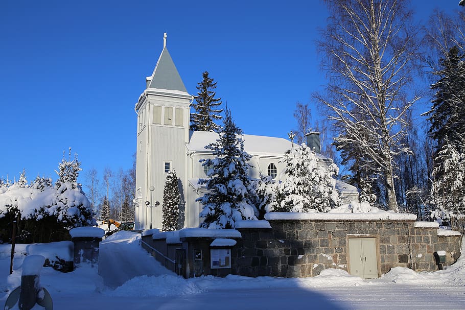 winter, snow, frost, church, moss river, cold, landscape, architecture, HD wallpaper