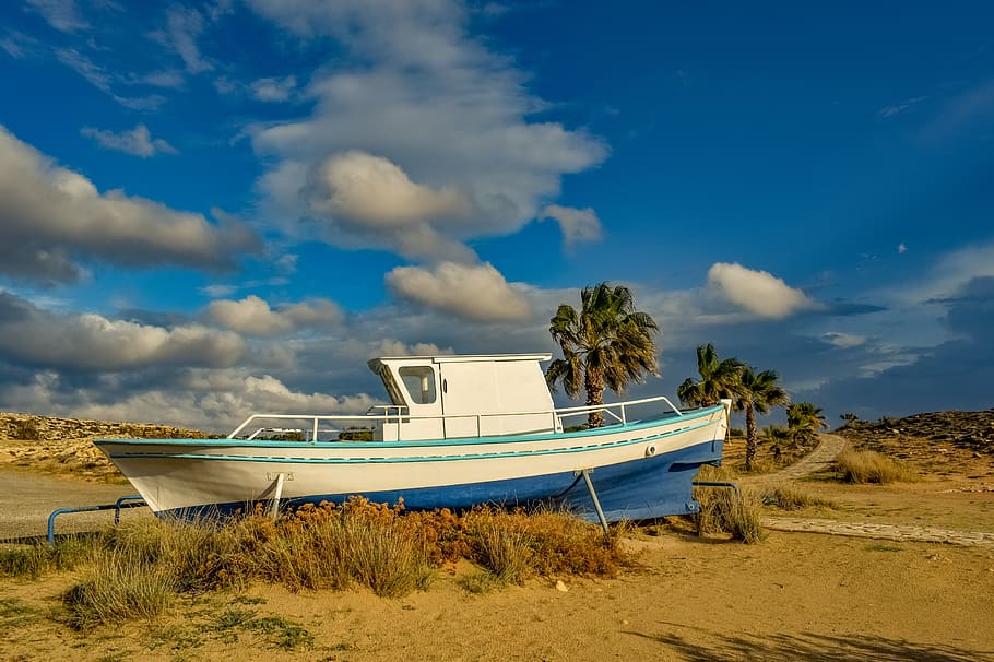 boat, grounded, landscape, sky, clouds, scenery, ayia napa HD wallpaper
