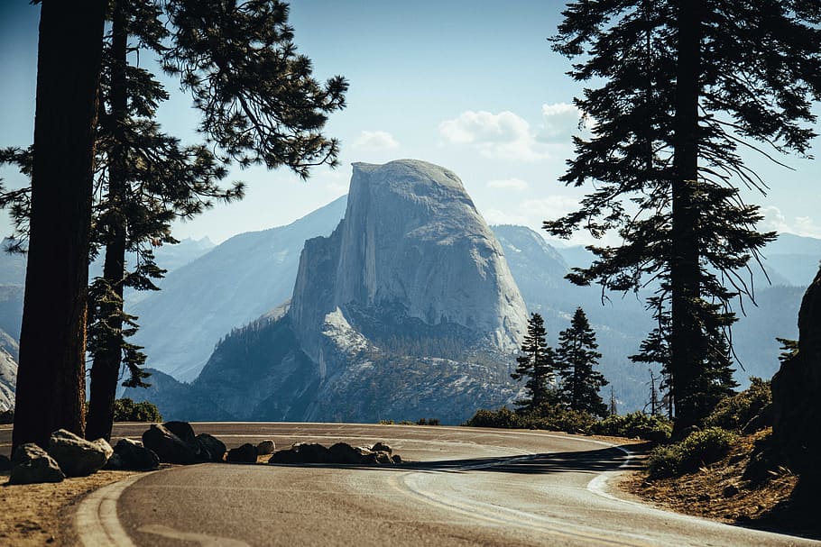 landscape photography of white and gray mountain, road, forest HD wallpaper