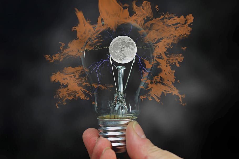 light bulb, hand, moon, keep, idea, energy, pear, inspiration HD wallpaper