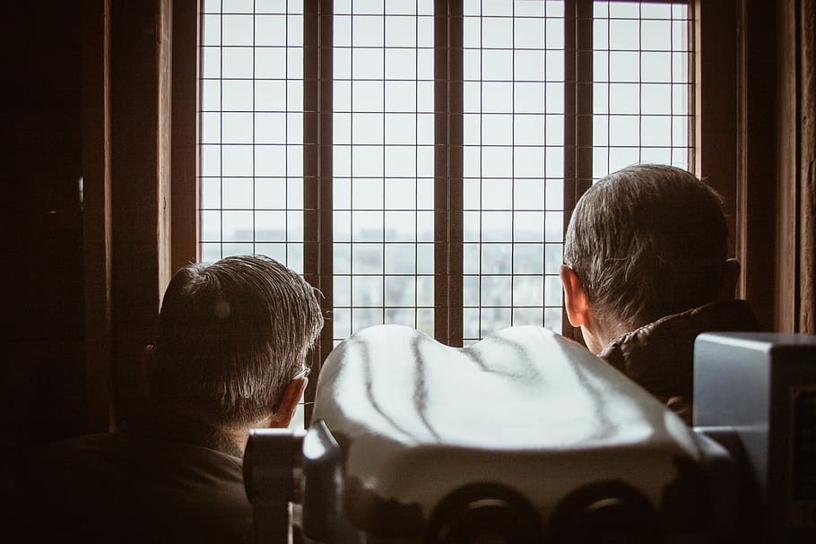 two man watching outside, person, human, sitting, view, himeji HD wallpaper