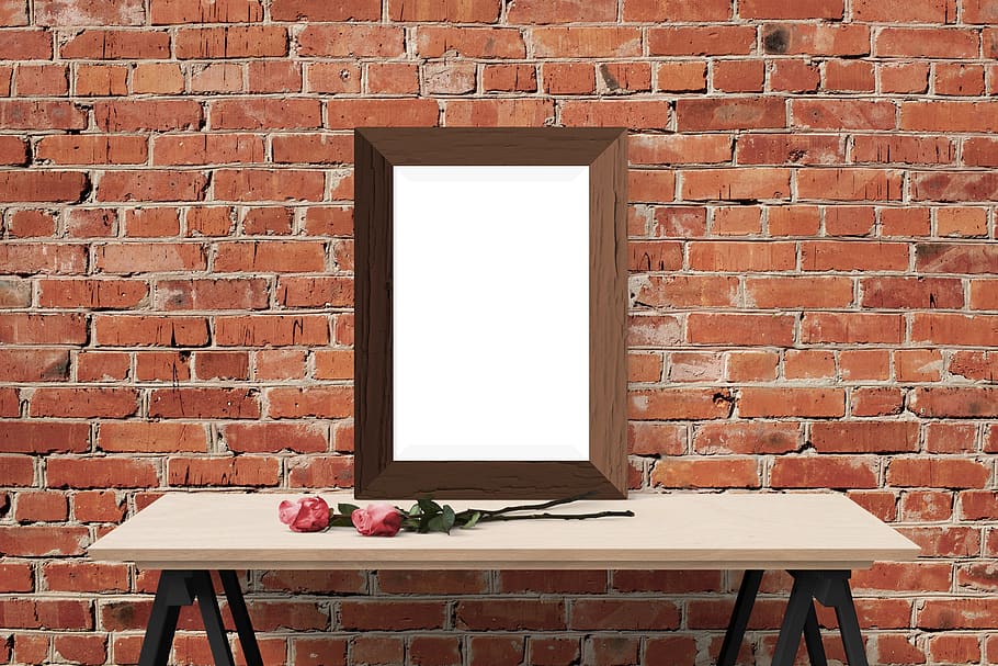 poster, frame, wall, desk, flower, brick, brick wall, wall - building feature HD wallpaper