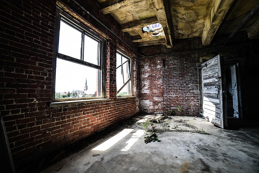 brick, door, broken, abandoned, window, architecture, built structure HD wallpaper