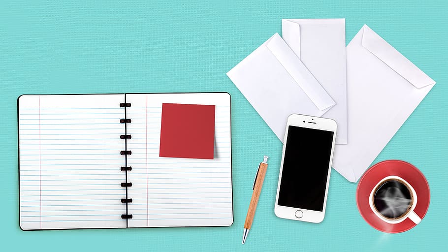 notebook, notes, desk, workplace, envelopes, stickies, coffee HD wallpaper