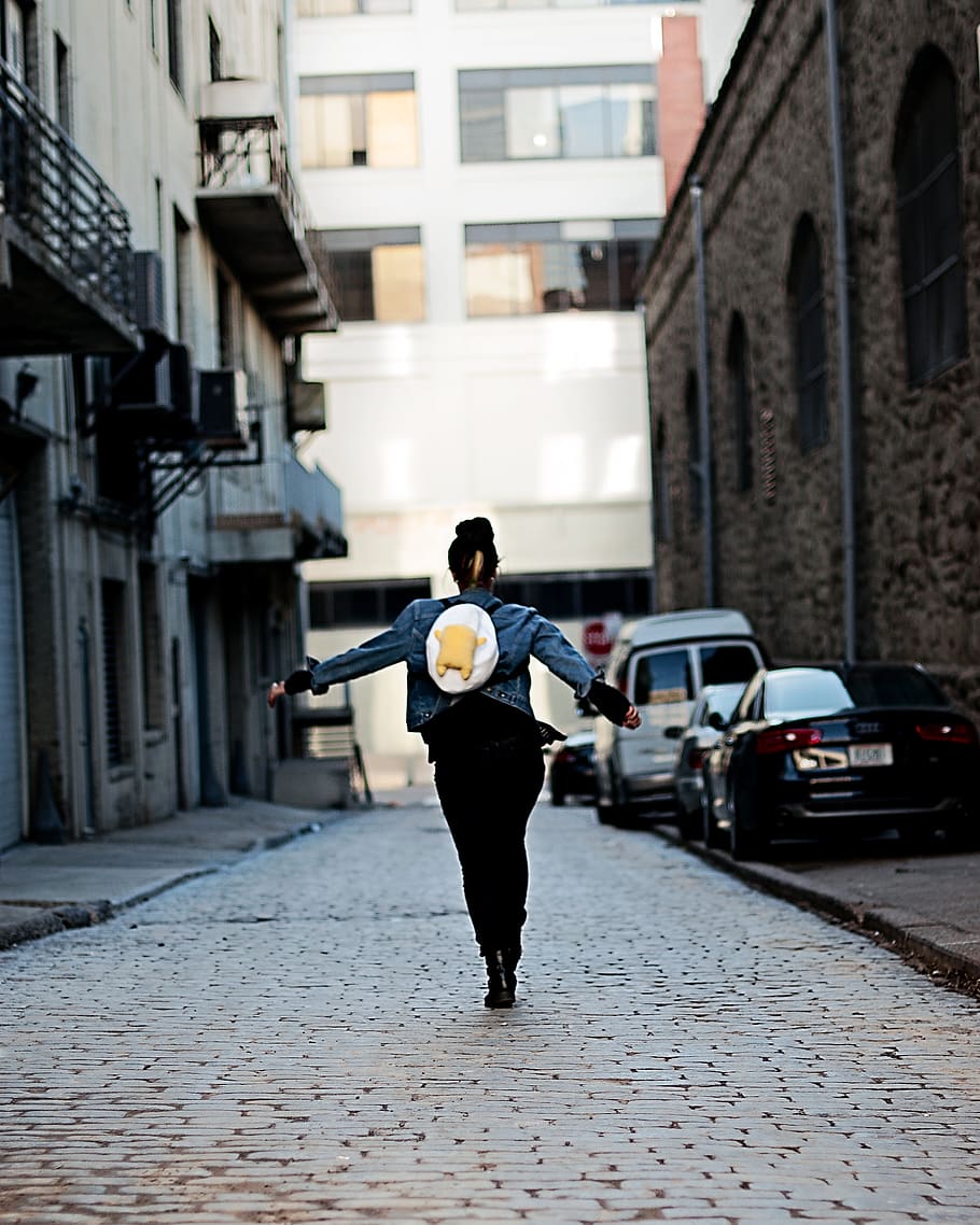 Woman Standing on Pathway Near Building, back view, backpack HD wallpaper