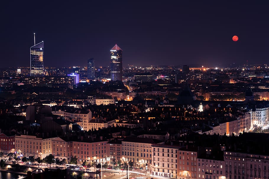 tower, long exposure, sky, moon, city, building exterior, architecture HD wallpaper
