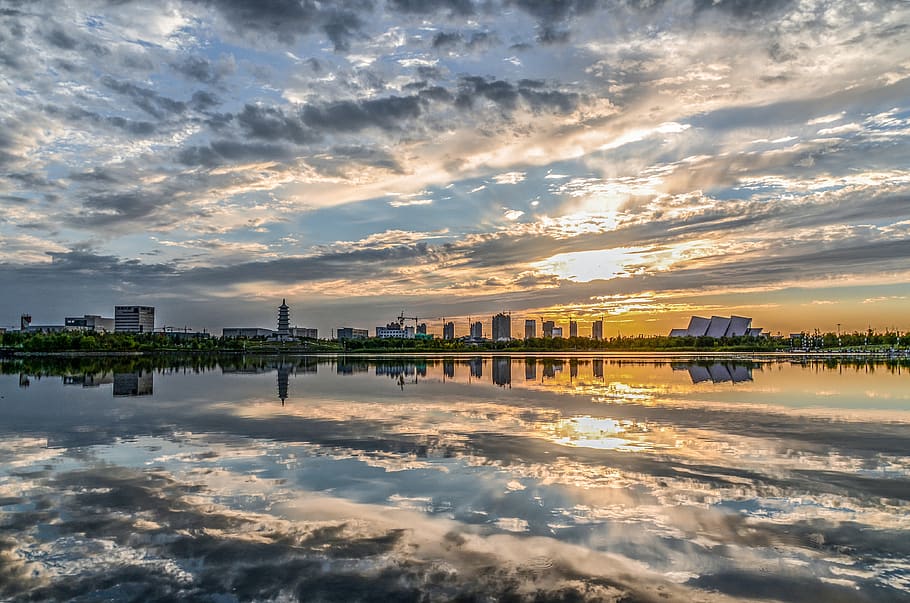 city, sunshine, afternoon, cloud, cloud - sky, water, sunset HD wallpaper