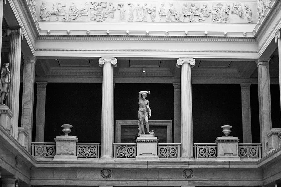 statues, pillar, marble, museum, black and white, architecture