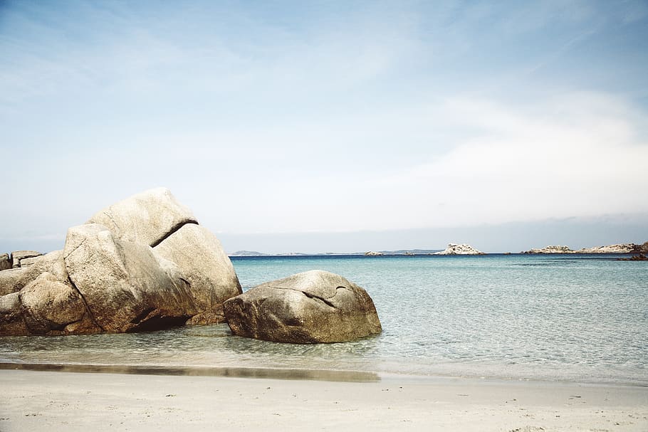 Rock By The Shore, beach, ocean, rocks, sand, sea, seascape, seashore HD wallpaper