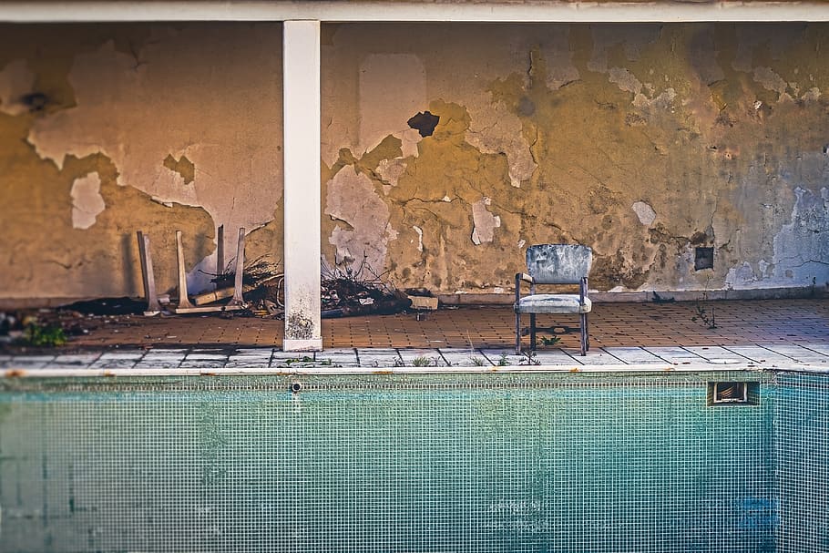 chair, pool, old, abandoned, hotel, destroyed, shabby, nostalgia HD wallpaper