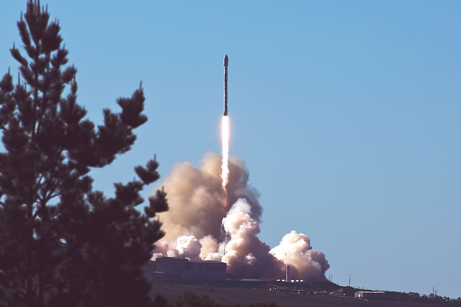 rocket, smoke, trees, clouds, sky, missile, spacecraft, smoke - physical structure HD wallpaper