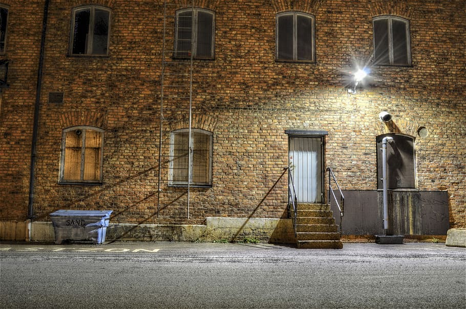 sweden, window, windows, light, night, evening, door, brick wall HD wallpaper